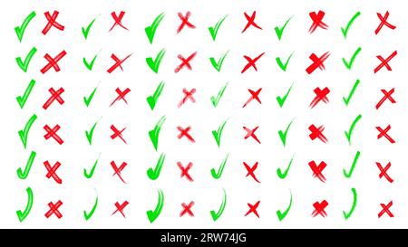 Ja und nein Rote und grüne Form. Von Hand gezogene Kritzelspuren und Kreuze Set-Kollektion. Kritzeleien, Zeichenstifte. Mit Bleistifthand gezeichnete Häkchen A Stock Vektor