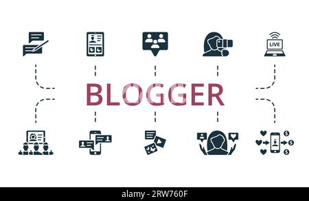 Blogger-Set. Kreative Symbole: Blog, Profil, Follower, vlog, Live-Streaming, Abonnenten, Chat, Inhalte, Influencer, Monetarisierung. Stock Vektor