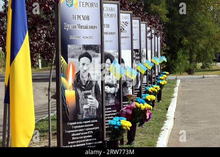 Nicht exklusiv: PECHENIHY, UKRAINE - 12. SEPTEMBER 2023 - die Stände mit den Porträts von Anwohnern, die bei der Verteidigung der Ukraine vor Ru umgekommen sind Stockfoto