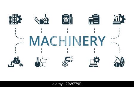 Maschinenset. Kreative Symbole: Bauingenieurwesen, Lebensmitteltechnik, Architektur, Berechnung, Industrie, Metallurgie, Chemie, Physik, IT Stock Vektor