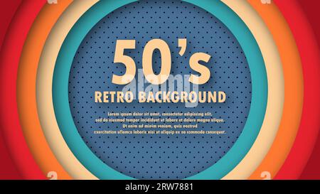 Abstrakter, farbenfroher Hintergrund der 1950er Jahre mit Kreisen und Retro-Farben. Realistisches Design im futuristischen Retro-Stil. Vektorflippige Illustration. Stock Vektor