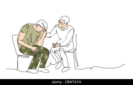 ptbs-Therapie, posttraumatische Belastungsstörung-Behandlungsvektorillustration. Veteran, Soldat und Psychotherapeut. Eine durchgehende Strichzeichnung von Stock Vektor