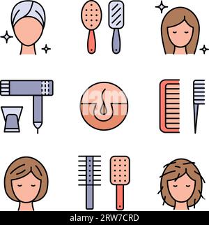 Satz mit Bürsten- und Haarbürstenmaterial. Pflege und Pflege gesundes Haar, icon Set. Verbesserung des Zustands, Kämmen und Verwendung von Shampoo, Conditioner, Co Stock Vektor