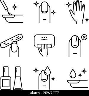 Symbolgruppe für Maniküre-Kontur. Werkzeuge für kosmetische Schönheitsbehandlungen für Fingernägel und Hände, lineare Symbole. Nagelpflege. Abbildung mit dünnen Linien. Kontur Stock Vektor