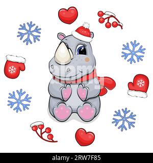 Niedliches Cartoon-Nashorn mit rotem Schal und Hut in einem Winterrahmen. Weihnachtsvektorillustration eines Tieres mit Herzen, Fäustlingen, Beeren. Stock Vektor