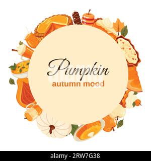 Herbstlicher Kürbis in einem runden Rahmen. Stock Vektor