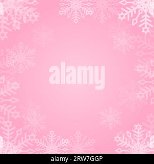 Fallende Schneeflocken auf rosafarbenem Hintergrund. Ein magischer Weihnachtshintergrund mit Schneeflocken und Funkeln. Stock Vektor