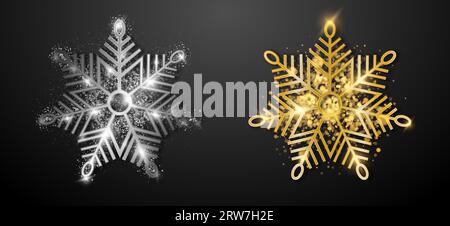 Eine goldene Schneeflocke mit Ausstrahlung und funkelndem Glanz auf einem schneeroten Hintergrund. Stock Vektor