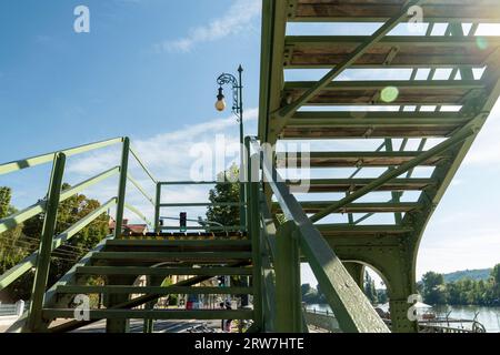 17.500 Personen unterzeichneten eine Petition und protestierten gegen den geplanten Abriss der Eisenbahnbrücke (abgebildet) unter dem Prager Vysehrad, wobei sie auf das b hinwiesen Stockfoto