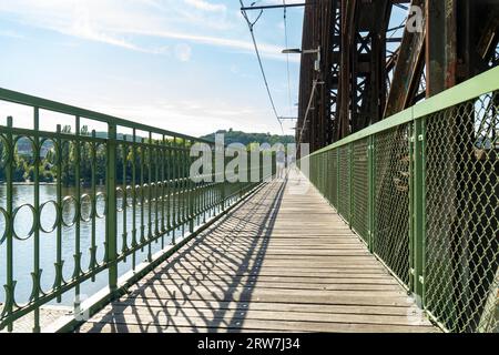 17.500 Personen unterzeichneten eine Petition und protestierten gegen den geplanten Abriss der Eisenbahnbrücke (abgebildet) unter dem Prager Vysehrad, wobei sie auf das b hinwiesen Stockfoto