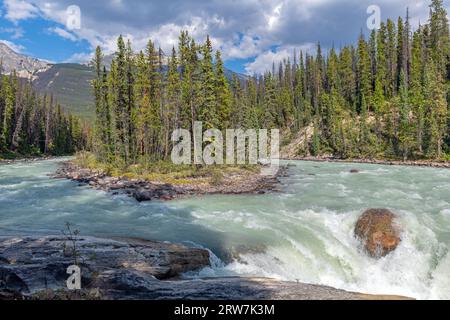 Athabasca River und Sunwapta Falls, Jasper-Nationalpark, Alberta, Kanada. Stockfoto