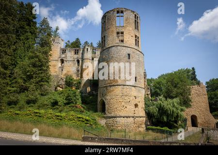 Die mittelalterliche baufällige Ruine mit dem Namen „Chateau Beaufort“ in der Stadt Beaufort, eine Burg, die viele Touristen anzieht, Luxemburg Stockfoto