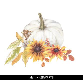 Helle Zusammensetzung pflanzlicher Elemente. Herbstblumen, Beeren und Blätter, Aquarelle im Vintage-Stil. Stockfoto