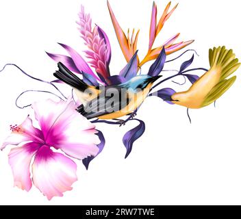 Tropische Blumenkomposition mit zwei bunten Vögeln Stockfoto
