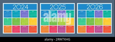 Farbenfroher Kalender für 2024, 2025 und 2026 Jahre. Die Woche beginnt am Sonntag. Isolierte Vektordarstellung. Stock Vektor