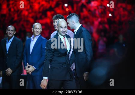 Athen, Griechenland. September 2023. Olympiacos BC ehrt Vassilis Spanoulis vor dem Freundschaftsspiel zwischen Olympiacos BC und Olimpia Milano im Peace and Friendship Stadium am 17. September 2023 in Athen, Griechenland. Quelle: Unabhängige Fotoagentur/Alamy Live News Stockfoto