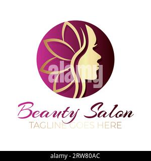 Rundes Beauty Salon Logo Design Gold auf rosafarbenem Hintergrund Stock Vektor