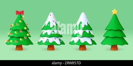3D-Design mit Weihnachtsbaum. Bäume Weihnachten, Farbe gerendert Natur Winter Elemente. Weihnachtslichtgirlande und roter Bogen. Neujahrsdekorationen – ein hübsches Vektorset Stock Vektor