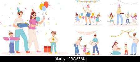 Herzlichen Glückwunsch Kinder. Geburtstagsparty-Szenen, Erwachsene mit Geschenken und Geschenkboxen. Erster Jahrestag mit Konfetti, Kuchen und Girlanden im hübschen Vektorset Stock Vektor