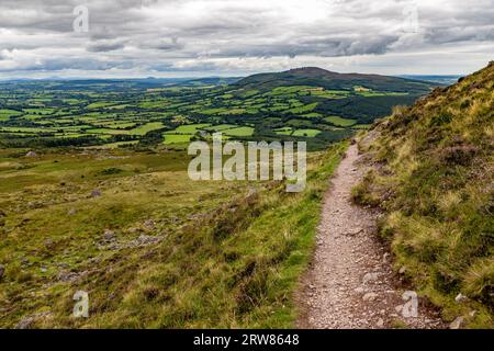 Felsen und Vegetation auf dem Trail nach Coumshingaun Lough, Waterford, Irland Stockfoto