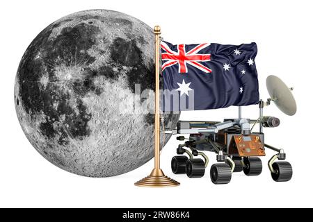 Australisches Mondforschungsprogramm. planetenrover mit Mond und australischer Flagge. 3D-Rendering isoliert im Hintergrund Stockfoto