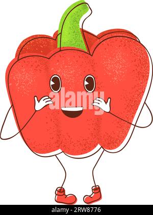 Ein angenehm überraschter roter Paprika-Charakter in lebhaftem, lebendigem Stil, der ein Gefühl von freudigem Staunen ausstrahlt. Stock Vektor