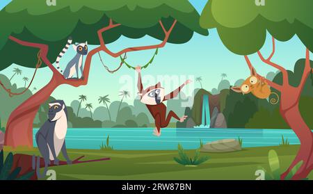 Dschungelaffe. Zeichentrickfarbener Hintergrund mit wilden Tieren exakter Vektor-Dschungelaffe Stock Vektor