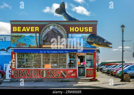 Der Bait-Shop und der Angelladen von Beaver House in Grand Marais, Minnesota. Die monströse Zander-Fischskulptur und Biber auf der Schaufenster war Stockfoto