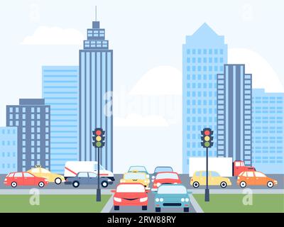 Stau im Stadtverkehr, Probleme mit Stadtfahrzeugen auf der Kreuzung. Verschiedene flache Autos auf der Autobahn. Persönliche und öffentliche Verkehrsmittel, aktuelle Vektorszene Stock Vektor