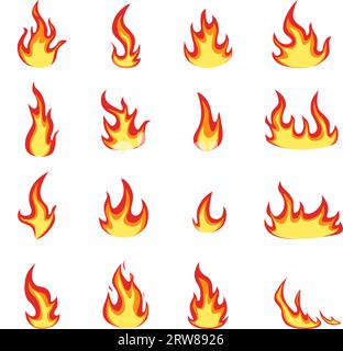 Symbole für isolierte Flammen. Comic-Flammen und Feuer-Logo, Lagerfeuer-Effekt. Warme oder heiße Symbole für Wetter, Lebensmittel, Werkzeuge und Vektorset Stock Vektor