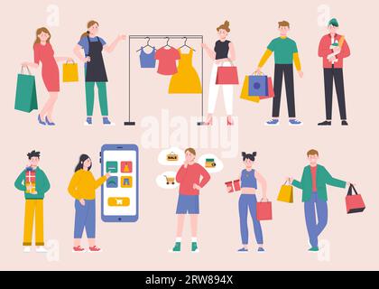 Einkaufszeit. Glückliche Käufer und Kunden mit Taschen und Boxen. Online-Shop am Telefon, Käufer und Verkäufer wählen Kleidung, prächtige Vektorzeichen Stock Vektor
