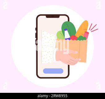 Online-Lieferung von Lebensmitteln auf dem Smartphone. Technologien, digitale Speicher oder Frischmarkt. Moderner Lebensstil, Handtasche mit Produkten, Vektor Stock Vektor