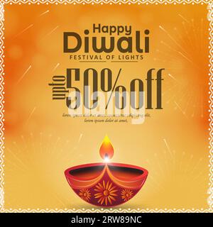 50 % Rabatt auf Werbebanner Diwali-Design mit großen Öllampen und explodierenden Feuerwerkskörpern. Stock Vektor