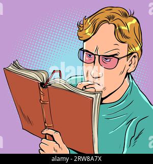 Sorgfältige Untersuchung der Materialien. Ernsthafte Einstellung zum Geschäft. Ein Mann mit Brille liest aufmerksam ein Buch oder Notizbuch Stock Vektor