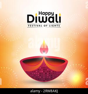 Fröhliches Diwali-Festival-Grußkartendesign mit Diya-Öllampe, verziert mit Feuerwerkskörpern auf gelbem Hintergrund. Vektorillustration Stock Vektor