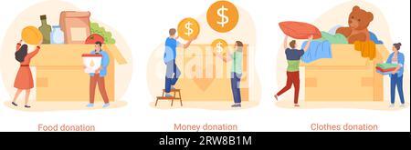 Humanitäre Spendensammlung. Die Menschen sammeln Münzen Lebensmittel Kleidung Spenden in Box, finanzielle Geschenk Geld Wohltätigkeitsorganisationen soziale Solidarität und Crowdfunding, Wohltätigkeitsorganisationen helfen Vektor Illustration von Hilfe und Unterstützung Stock Vektor
