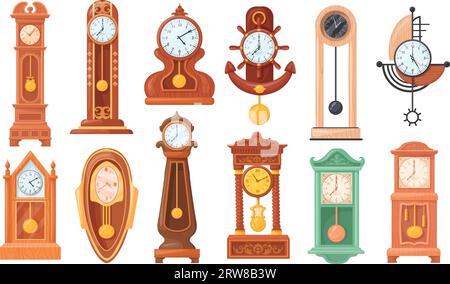 Pendeluhren. Comic antike Uhr für Großvater Wohnzimmer Wand, elegante alte Uhr Holz Vintage Kuckucksuhren, Präzisionsuhr-Gesicht historische Zeit sauber Vektor-Illustration der antiken Uhr Stock Vektor