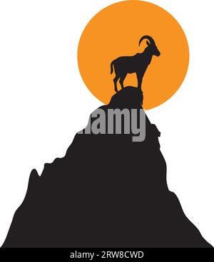Wilde Ziegensilhouette auf einem Gipfel eines Berges bei Sonnenuntergang, Vektorillustration. Wilde Ziege auf einem Hügel bei Sonnenuntergang isoliert auf weißem Hintergrund. Minimalistische Kunst Stock Vektor