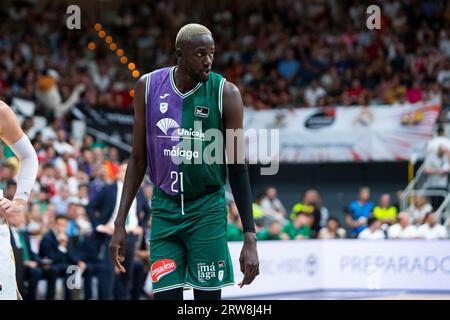 Murcia Region von Murcia Spanien 17. September 2023. ILIMANE DIOP Unicaja Baloncesto Malaga Spieler, UNICAJA Bsket Malaga vs Real Madrid Super Copa Basket Endesa Finalspiel Sports Palace Murcia 17. September 2023 Credit: Pascu Méndez/Alamy Live News Stockfoto