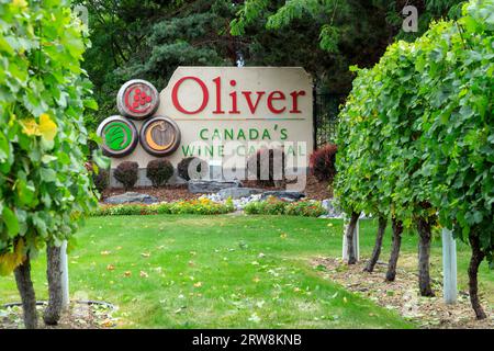 Oliver, British Columbia, Kanada - 24. Juli 2023: Schild „Canada's Wine Capital“ am Highway 97 am Eingang zur kleinen Stadt Oliver, British Colu Stockfoto