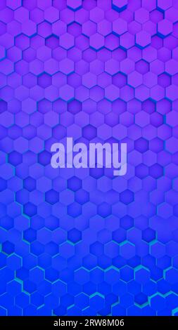 Abstraktes Farbverlaufsblau-violettes Neon mit hexagonalem Musterhintergrund. Technisches Konzept. 3D-Abbildung. Stockfoto
