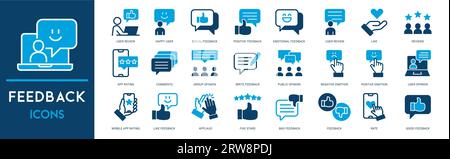 Sammlung Von Symbolen Für Die Feedback-Gliederung. Thin Line Set enthält Symbole wie Bewertung, Kundenmeinungen, schnelle Reaktion, Zufriedenheit und mehr. Einfache Websymbole Stock Vektor