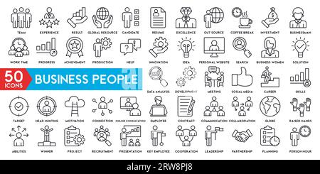 Positionssymbole für Geschäftsleute festgelegt. Sammlung von Symbolen für Geschäftsleute. Teamwork, Personalwesen, Meeting, Partnerschaft, Meeting, Arbeitsgruppe, Erfolg Stock Vektor