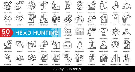 Symbolsatz „Kopfjagd“. Die Symbole wie Bewerbungsgespräch, Karrierepfad, Lebenslauf und vieles mehr waren enthalten Stock Vektor