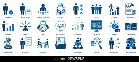 Symbolgruppe „Personalbeschaffung“. Headhunting-, Karriere-, Lebenslauf-, Einstellungs-, Kandidaten- und Personalsymbole. Stock Vektor