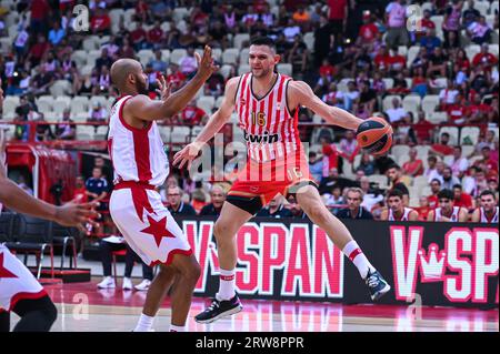 Athen, Lombardei, Griechenland. September 2023. 16 KOSTAS PAPANIKOLAOU von Olympiacos BC während des Freundschaftsspiels zwischen Olympiacos BC und Olimpia Milano im Friedens- und Freundschaftsstadion am 17. September 2023 in Athen, Griechenland. (Bild: © Stefanos Kyriazis/ZUMA Press Wire) NUR REDAKTIONELLE VERWENDUNG! Nicht für kommerzielle ZWECKE! Stockfoto