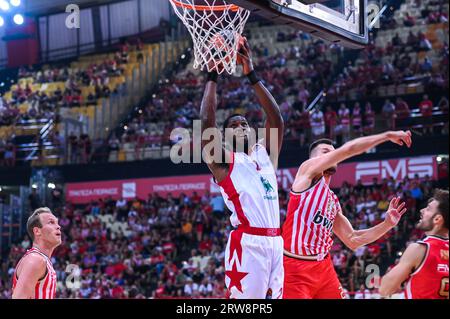 Athen, Lombardei, Griechenland. September 2023. 2 ALEX POYTHRESS von Olimpia Milano während des Freundschaftsspiels zwischen Olympiacos BC und Olimpia Milano nach der Ehrung von Vassilis Spanoulis im Friedens- und Freundschaftsstadion am 17. September 2023 in Athen, Griechenland. (Bild: © Stefanos Kyriazis/ZUMA Press Wire) NUR REDAKTIONELLE VERWENDUNG! Nicht für kommerzielle ZWECKE! Stockfoto