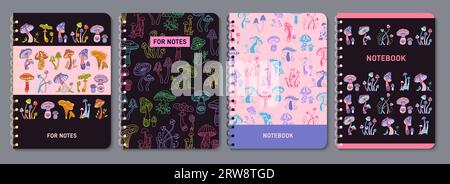 Mushrooms stilisiert das Retro-Notebook-Cover-Set. Giftiges psychedelisches Pilzdesign für Planer, Broschüre, Buch, Katalog. Notizblock mit mystischen Boho-Pilzen. Seitenvorlage für dekoratives Layout Stock Vektor