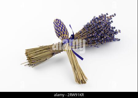 Getrocknete Lavendelblüten (Lavandula) und handgemachter Lavendelstab isoliert auf weißem Hintergrund. Stockfoto