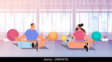 Mann Frau mit ausgetauschten robotischen Implantaten oder Prothesen Körperteile sitzender Lotus posiert behinderte Yogaklasse Wiederherstellung der normalen Funktion Stock Vektor